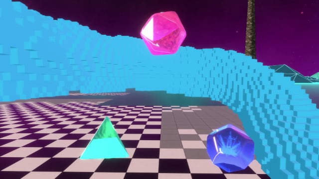 Swooping line of frozen cells behind three crystals: cyan tetrahedron, blue dodecahedron, magenta icosahedron