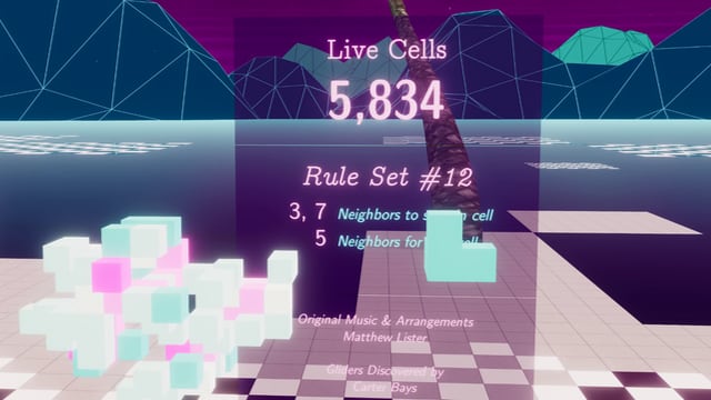 Random cells in front of game UI indicating 5,834 live cells, rule set #12, 3 or 7 neighbors to create cell, 5 neighbors for new cell